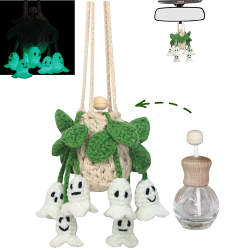 ROFIGL Handmade Crochet Hanging Car Air Freshener - Glow-in-the-Dark Lily of the Valley Plant with 12ml Refillable Essential Oil Diffuser Bottle Halloween Car Accessories & Bedroom Nightlight Decor