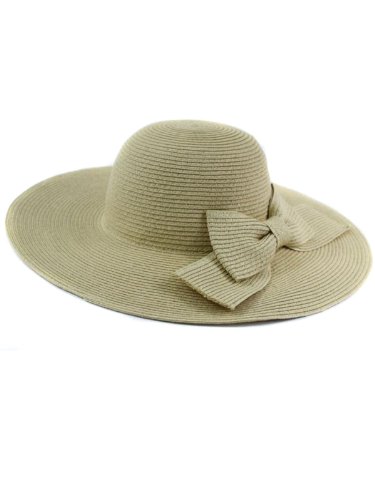 Fashion Womens Girl Bow Wide Large Brim Straw Derby Cap Summer Beach Sun Hat Beige