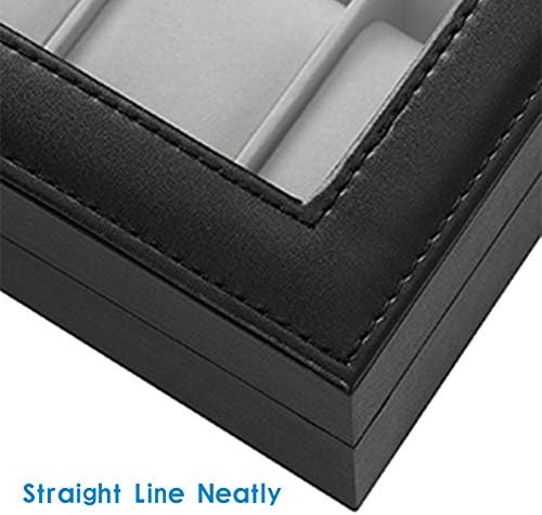 Bigzzia 6-Slots Watch Box Black Synthetic Leather Watch Display Storage Case with Glass Lid Jewellery Box with Beige Velvet Lining, Cushions and Lock for Men/Women