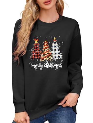 Asoodiy Christmas Sweatshirts Women Xmas Top Ladies Merry Christmas Tree Printed Top Holiday Pullover Xmas Sweatshirts Black XL
