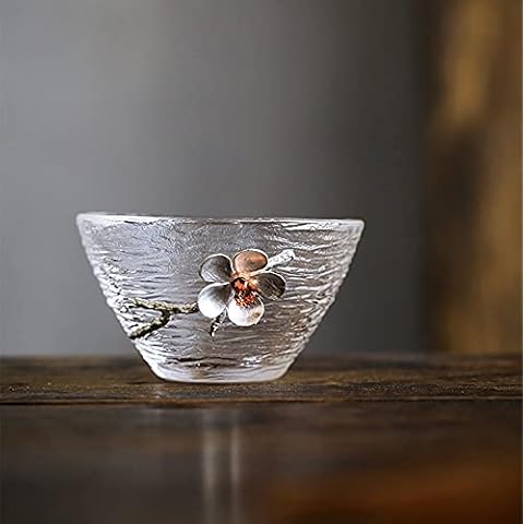 ZENATION Japanese hammered glass exquisite -set of 2 tea cups/sake cups, with tin and copper plum blossom decoration-A, 2.3 fluid ounces Cover