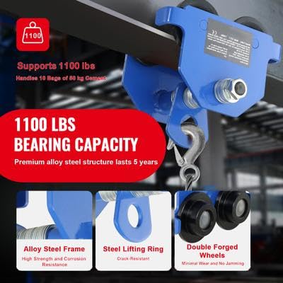 Happybuy Manual Trolley, 0.5 T/1100 lbs Load Capacity, Heavy-Duty Alloy Steel Garage Hoist for Straight and Curved I Beam, Dual-Wheel Push Beam Trolley. Adjustable for 2.5