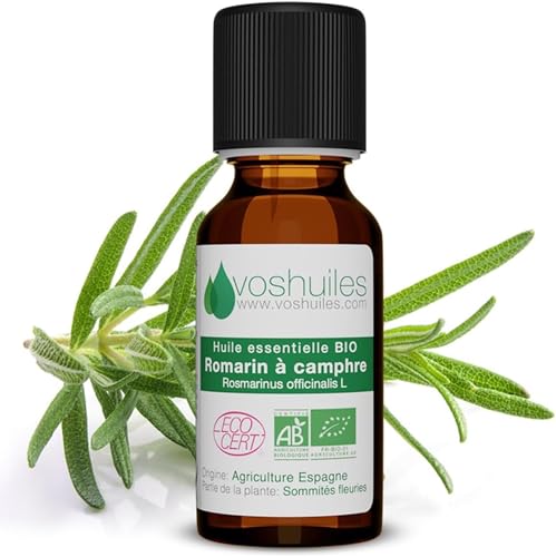 VOSHUILES - Huile Essentielle BIO Romarin à Camphre 10ml - Pure et Naturelle- Aromathérapie- Diffusion- Massage- Relaxation- Qualité Supérieure- Certifiée BIO- 100% Naturelle