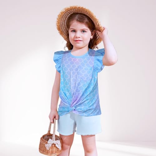 Toddler Girls Shirts, Cute Unicorn Mermaid Short Sleeve Ruffle Shirt for Girls, Kids Summer Tops for 3-8 Years Girls3