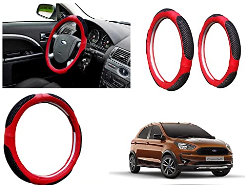 Image of Microfiber Car Steering Wheel Cover, Soft Padding Great Hand Feel, Anti-Slip, Faux Leather Steering Cover for Ford Aspire Free Style | Black Red Jali - Pack of 1