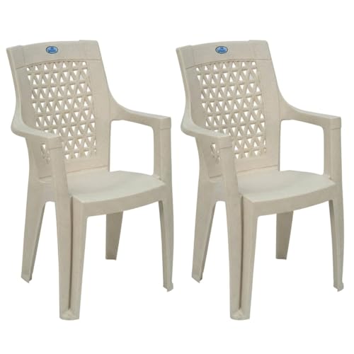 Image of Nilkamal Elevate Plastic Chair with Arm | Set of 2 | Stackable Chair | for Living Room, Bed Room, Kitchen, Balconies, Outdoor | Marble Cream