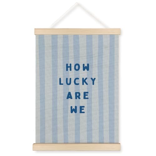 JOQUXI How Lucky Are We Wall Art Decor, Blue Room Decor, Trendy Light Blue Aesthetic Positive Inspirational Framed Artwork Poster Prints for Home Bedroom Apartment Dorm, 12x16 Inch