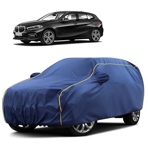 Image of Sulfar 100% Water Resistant Car Body Cover Compatible with Mirror for BMW 1 Series (Triple Stitched, Full Bottom Elastic, Blue Taffeta with Yellow Piping)