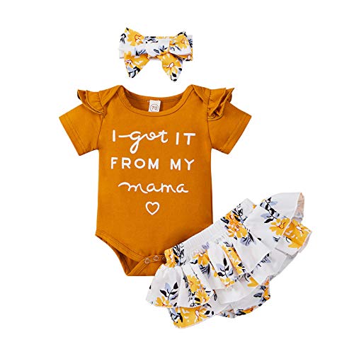 Infant Newborn Baby Girl Floral Summer Outfit Ruffle Short Sleeve Romper and Shorts Cute Clothes Set (Brown,3-6 Months,)