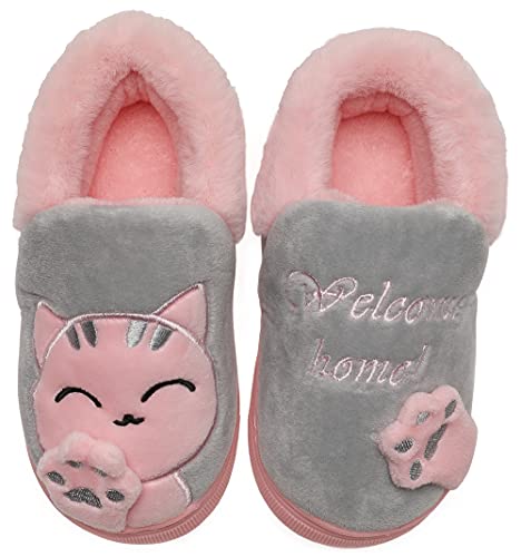 Vunavueya Kids Winter Slipper Shoes Girls Boys Plush Warm Slip-On Boots Fur Lined Anti-Slip Indoor House Slippers Shoes Grey(Cat) 7.5/8.5 UK Child/18-19CN