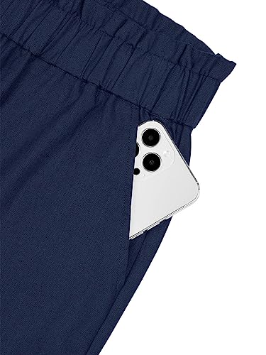 Nimin Work Pants For Women High Waist Pants With Pockets Stretchy Solid Chic Pants Loose Summer Beach Pants With Button Navy Blue X-Large #TOP4
