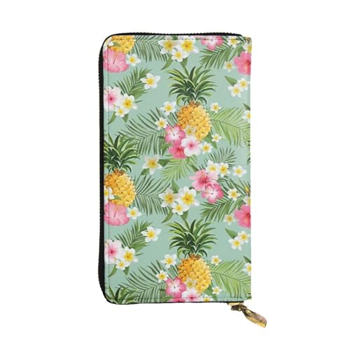 Hawaiian Pineapple and Tropical Flowers Leather Hand Wallet for Women Long Zipper Clutch Purse for Cash Cards Coin