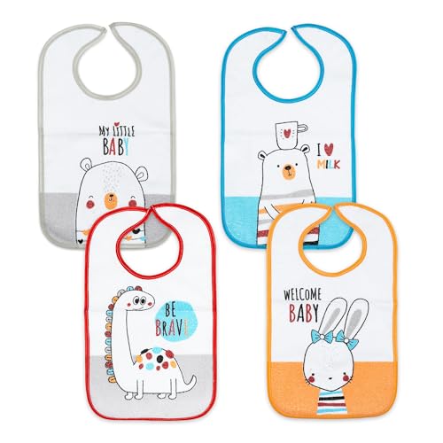 Ti TIN Pack 4 Baberos Impermeables para Bebé 6-18 Meses – Rizo de Algodón y Poliéster con Cierre de Velcro – Suaves, Absorbentes y Forro de Vinilo – Lavables y Aptos para Secadora – 23x38 cm