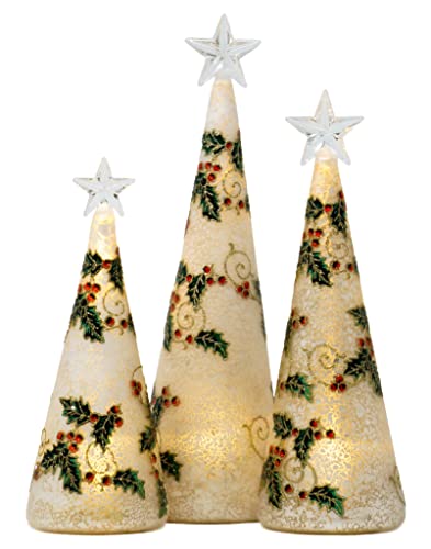 Red Co. Glass Christmas Tree Figurine Ornaments With Led Lights, Light-Up Holiday Season Décor – Holly Berry In Silver – Set Of 3 Sizes, 11 Inch, 9.5 Inch And 8 Inch #TOP1
