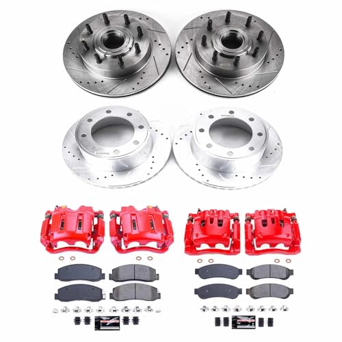 Image of PowerStop Front and Rear Brake & Caliper Kit for Nissan Armada 2012-15 | Nissan TITAN 2011-15 - Carbon-Fiber Ceramic Brake Pads + Drilled & Slotted Rotors + Red Powder Coated Calipers, KC5822