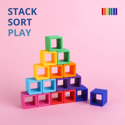 Blue Ginkgo Silicone Rainbow Blocks - Giftable Soft Blocks For Kids | Bpa Free Silicone Blocks | Montessori Blocks, Silicone Rainbow Stacking Toy With Sorting Tray (16 Pc - Vibrant) #TOP2