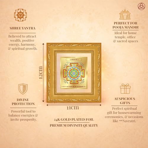 Image of DIVINITI Siddh Energised Shree Yantra | 24k Gold Plated Foil Sacred Prosperity Vastu Frame for Home, Office & Puja Room | Spiritual Yantra for Prosperity, Peace & Positive Energy (12 X 11 CM)