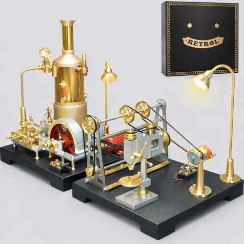 Retrol SE-03 38PCS + 27PCS Retrol GF-01 Metal Steam Engine Model Kit+ Miniature Workshop Model, with Mechanical Transmission System Physical Science Gift for Education Collectors & Adults