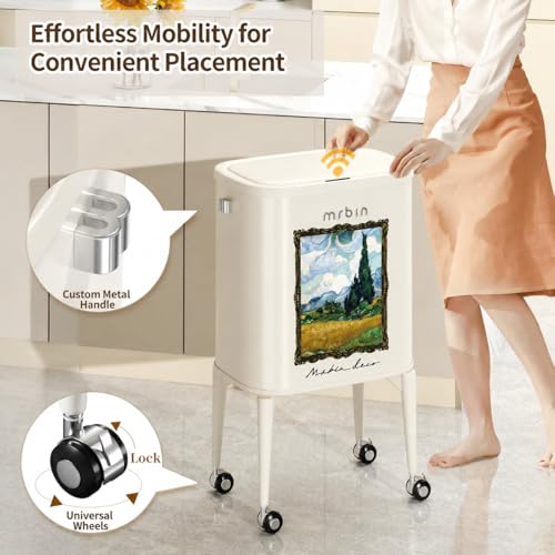 Image of MRBIN Metal Motion Sensor Kitchen Trash Can with Wheel Legs, 36L / 9.5gal Slim Waste Basket with Lid, Pet Proof Tall Narrow Garbage Pail for Vanity, Living Room, Bathroom, Bedroom, Wheatfield
