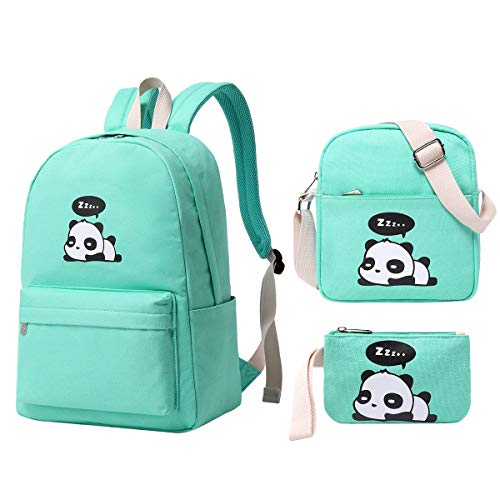 e-youth 3Pcs Cute Panda Backpacks Set for Teenage Girls Boys Lightweight Casual Canvas School Backpack (Green)3