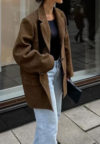 loveimgs Women Retro Brown Faux Suede Jacket Leather Blazer Coat Old Money Aesthetic Fall Jacket Bomber Y2k Oversized3