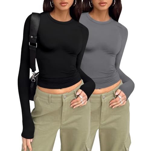 Consejos para Comprar Camisetas térmicas para Mujer favoritos de las personas. 45 Zicozy - playera térmica de 2 piezas para mujer, de manga larga, cuello redondo, corte ajustado, con capa de ropa, Negro Gris Oscuro, Small