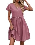 Zeagoo Women's Beach Casual 2025 Dress Summer Spring A Line Cover Up Dress Midi Cotton Linen Tshirt Dress Button Up Short Flutter Sleeve V Neck Sundress Pink XXL