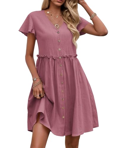 Zeagoo Cotton Linen Summer Midi 2025 Button Down Dress with Pockets Pink M