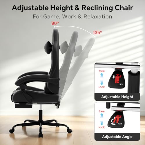 Image of Gaming Chair, Computer Office Chair with Footrest, Adjustable Height & Backrest Gaming Chairs with Swivel for Adults, High Back PU Leather Ergonomic Chair with Lumbar Support, Black