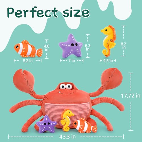Image of Giant Crab Stuffed Animal with 3 Sea Animal Plushies, 43.3 Inch