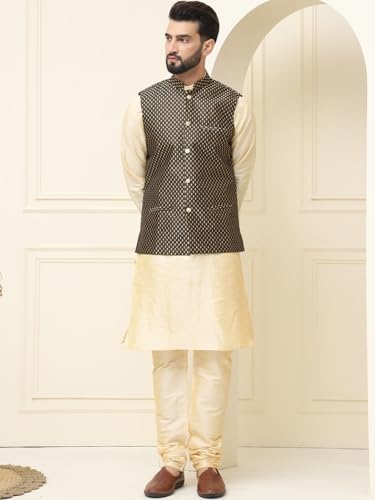 Image of SOJANYA (Since 1958 Men's Silk Blend Kurta Pyjama With Self Design Nehru Jacket