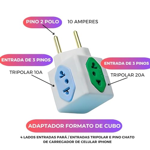 Kit com 2 Adaptador De Tomada Benjamim Power Cubo Com 4 Entradas Multiplicador de Tomadas 10A 20A T