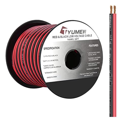 TYUMEN 50FT 14/2 Gauge Red Black Cable Hookup Electrical Wire LED Strips Extension Wire 12V/24V DC Cable, 14AWG Flexible Wire Extension Cord for LED Ribbon Lamp Tape Lighting Cover