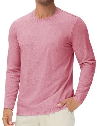 Cotrasen Mens Long Sleeve Tee Shirts Cotton Crew Neck Soft Moisture Wicking T-Shirts Casual Solid Color Basic Tees Grey Pink XL