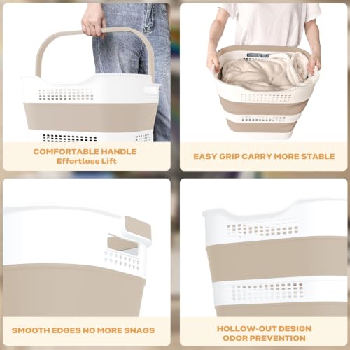 Image of OOAMBB 43L+43L Collapsible Laundry Baskets plastic (Beige, 2 Packs) | Pop Up Laundry hamper /Storage Container, Foldable Laundry Basket with Handles, Durable,Space Saver