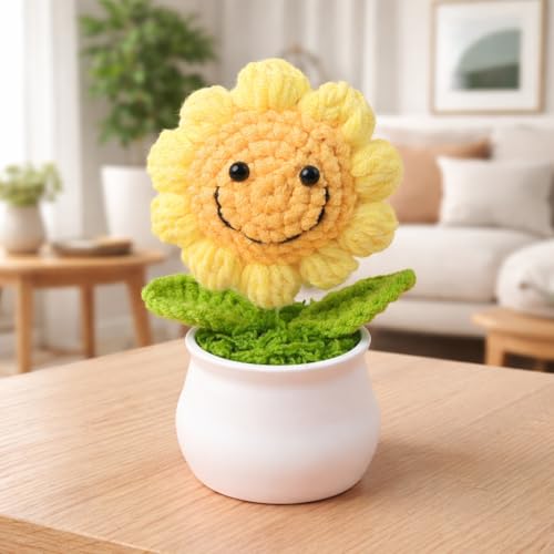 Image of 13CM Height Handmade Crochet Smiling Flower Pot for Home & Office Decor, Cute Aesthetic Desk Showpiece, Positive Vibes Table Decor, Thoughtful Gift for Friends & Loved Ones (Light Yellow)