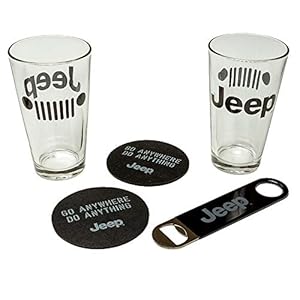 Detroit Shirt Company Jeep Pint Glass Gift Set – 2 Glasses, Recycled Tire Coasters, Bottle Opener – Off-Road Jeep Gift for Men – Licensed Set