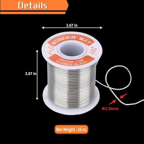 Sn60/Pb40 Solder Wire for Stained Glass Copper Foil, Tiffany Lamps & Church Glass Restoration, 2.0mm Dia No Flux By Wonderway (16oz)