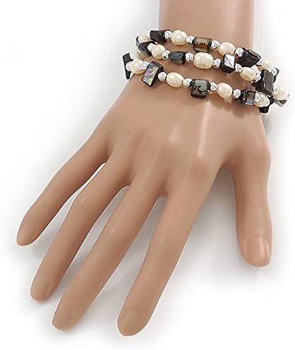 Avalaya 3 Strand Freshwater Pearl, Slate Black Shell Nugget Flex Bracelet - 20cm L, dark grey, white / ivory - Image 3