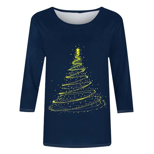 Womens Christmas Tree Graphic Shirts 3/4 Sleeve Crewneck Cotton Tunic Blouses Plus Size Casual Cute Xmas Holiday Tops2