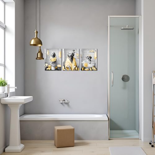Image of sechars Funny Dogs Bathroom Wall Art Grey and Yellow Bath Decor Cute Animal Painting Canvas Print (Yellow)