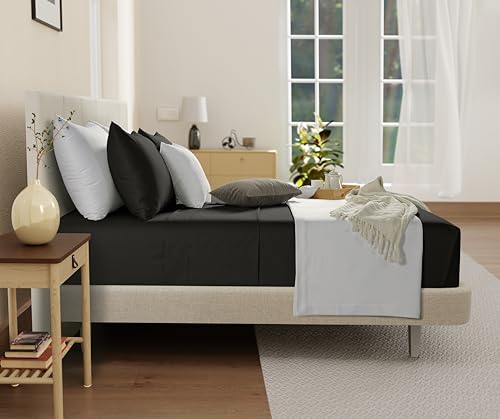 300TC 100% Organic Cotton Twin Size Sheets Set, Twin Bed Sheets Luxury Hotel Collection Fully Elasticated Sheet & Pillowcase Sets, Machine Washable No Pill Fade Resistant Black Sheet