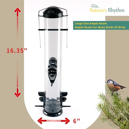 Natures-Rhythm-Hanging-Classic-Tube-Wild-Bird-Feeder-Premium-Hard-Plastic-Garden-Yard-Outdoor-Bird-Feeder-with-Steel-Hanger-Weatherproof-and-Water-Resistant4-Feeding-Ports15lb-Black