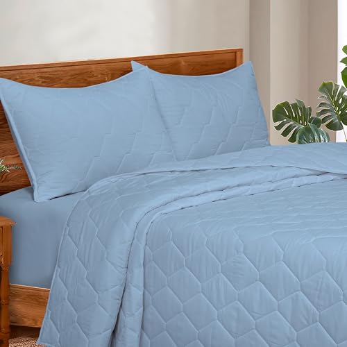 Image of ROYALE LINENS Twin Size 2 pc Quilt Set - Soft Lightweight 100% Microfiber Quilted Set - Solid Bedspread -Quilted Blanket Thin Comforter -Bedding Coverlets for All Seasons (Chambray, 1 Quilt- 1 Sham)