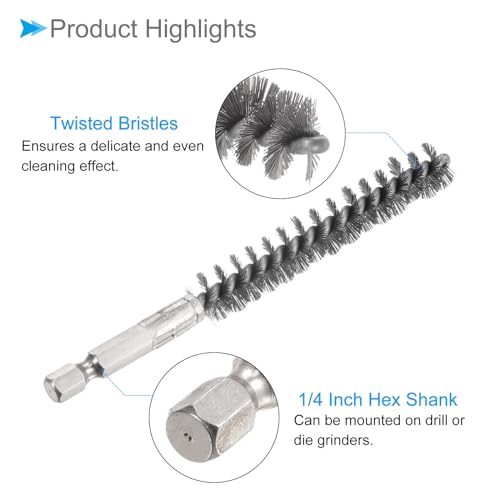 Image of Bore Brush, 12mm Dia 75mm Length, Stainless Steel Twisted Cleaning Wire Brushes with 1 /4 inch Hex Shank - (Applications: for Power Drill), 2-Pieces