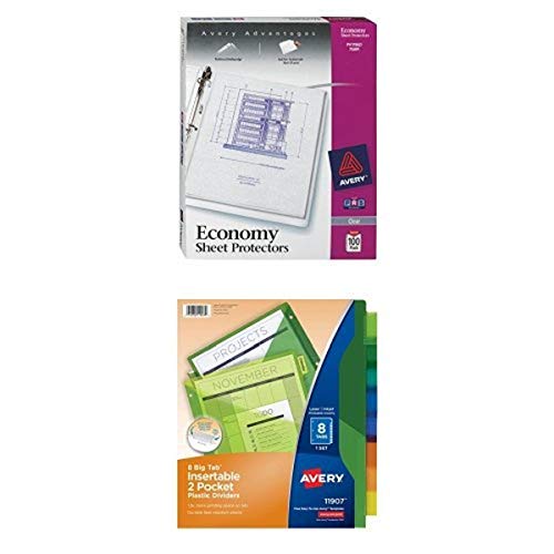 Avery Economy Clear Sheet Protectors, Acid Free (75091) and Avery Big Tab Insertable Two-Pocket Plastic Dividers, 8 Multicolor Tabs 1 Set (11907)