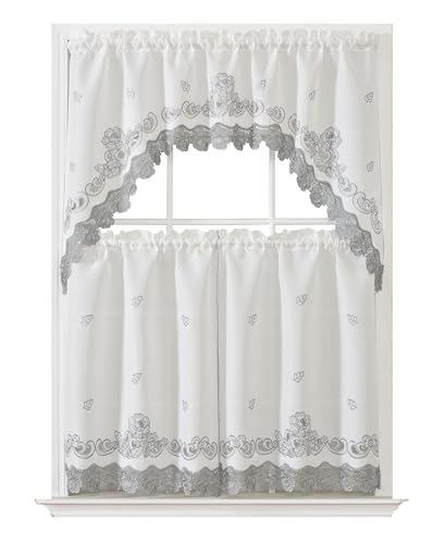 GOHD Lace Rosarium Kitchen Curtains,3PCS Kitchen Curtains Set,Elegant White Fabric with Rose Embroidery and Lace.(Grey, Swag and 34 inches Tiers Set)