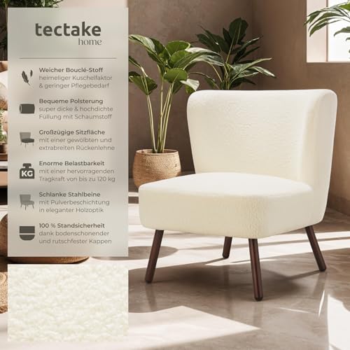 tectake® Teddy Cocktailsessel, Sessel mit kuscheligem Bouclé-Stoff im Scandi-Style, Couch Loungesessel mit Dicker Polsterung, Stahlbeine in Holzoptik, Relaxsessel für Wohnzimmer Schlafzimmer Büro