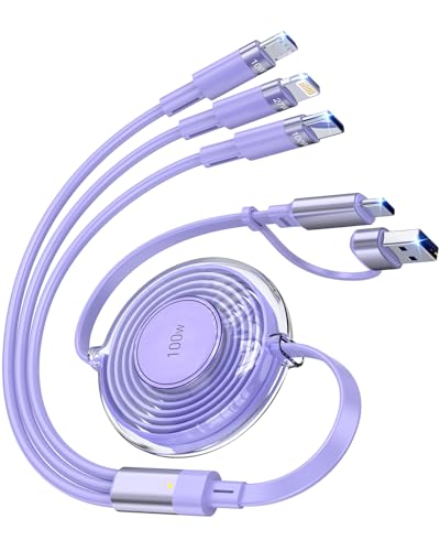 100W 6-in-1 Retractable Multi Charging Cable 4ft Purple