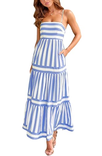 Image of KMBANGI Women Striped Sleeveless Maxi Dress Swing Patchwork Midi Dress Smocked Spaghetti Strap Colorful Long Sundress